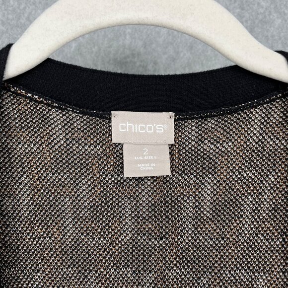 Chicos Chain Print Jacquard Long Cardigan Size L Black Brown Pockets Equestrian - Picture 5 of 11